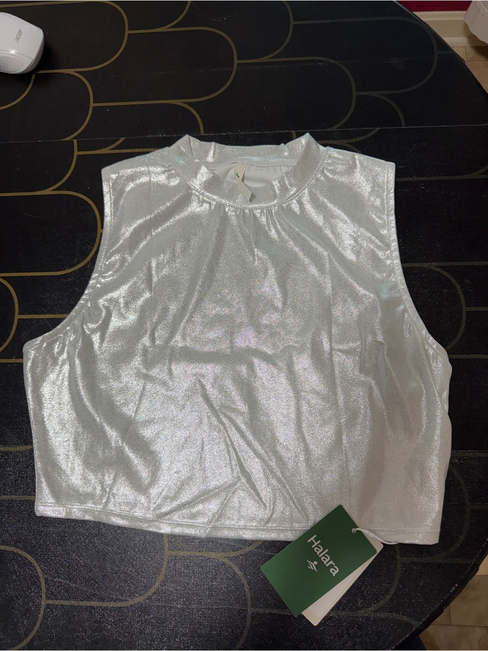 HALARA Silver Metallic High-Neck Sleeveless Crop Top